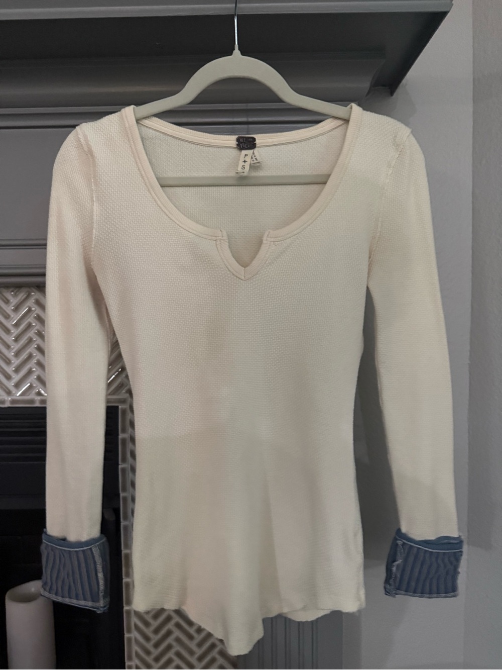 Waffle-Knit Notch Neck Long Sleeve Top with Striped Cuffs